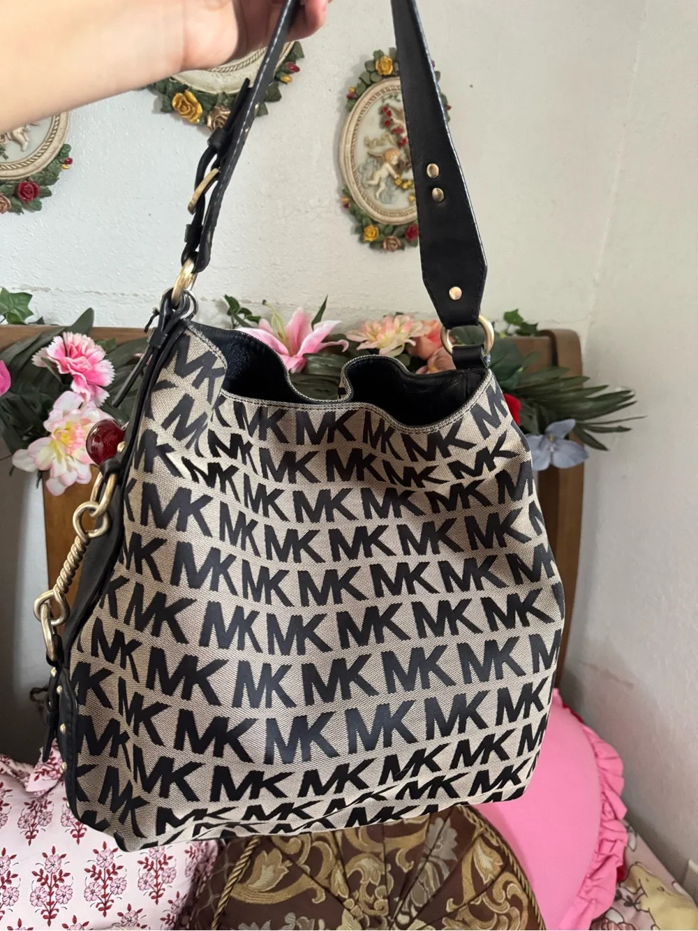 Michael Kors monogram hobo bag black and grey with silver accents